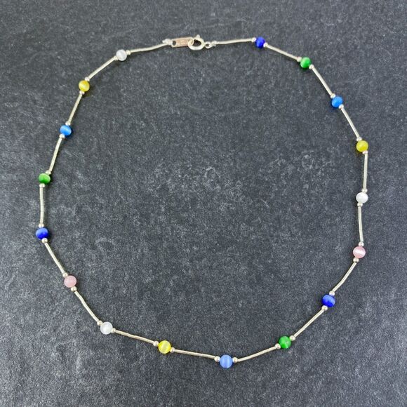 Multicolor Cat's Eye Beaded Necklace | New Sterling Silver 925 | 15.75" - Picture 3 of 5